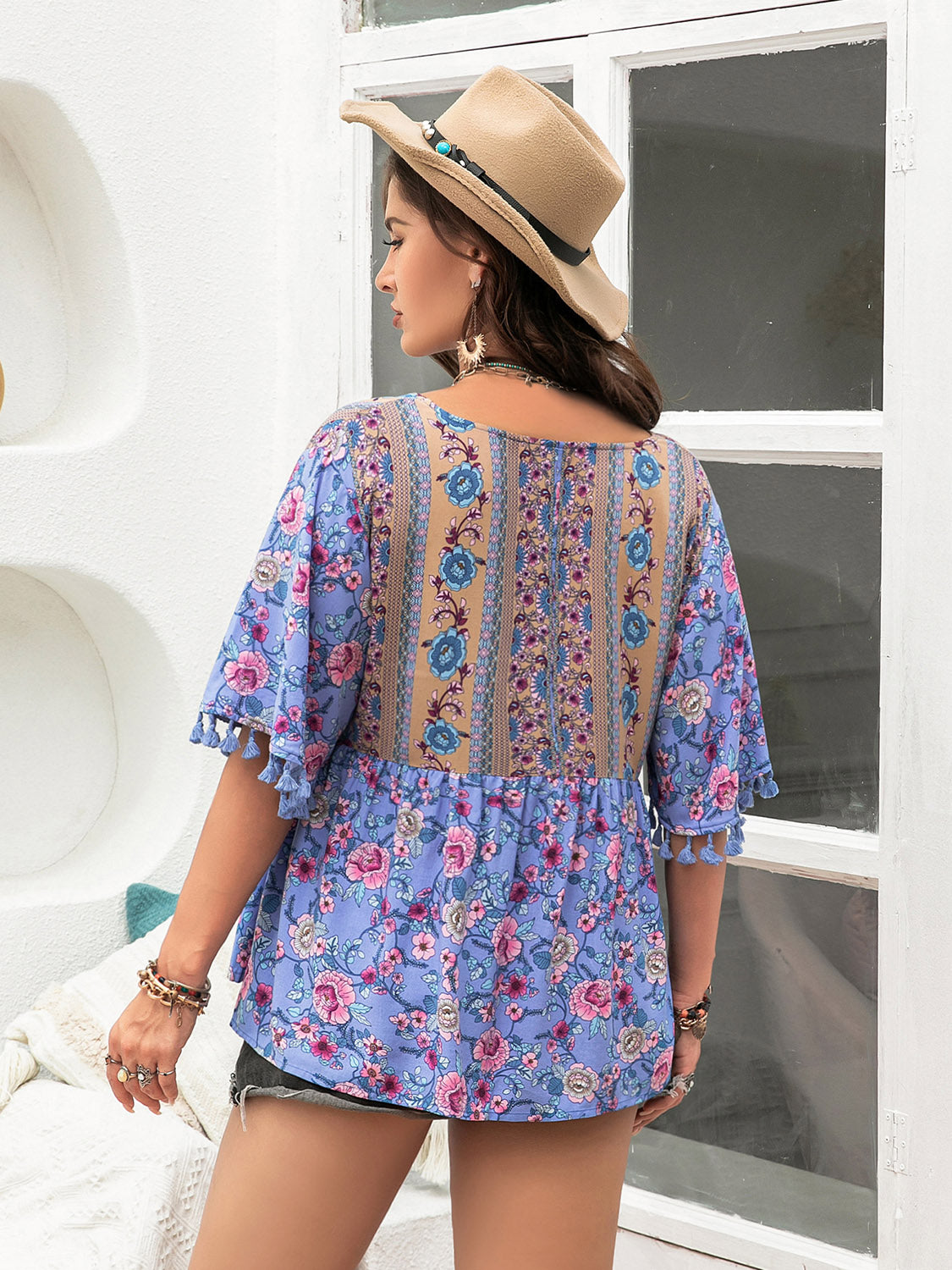 Plus Size Printed V-Neck Half Sleeve Blouse [Spirit and Rebel]   