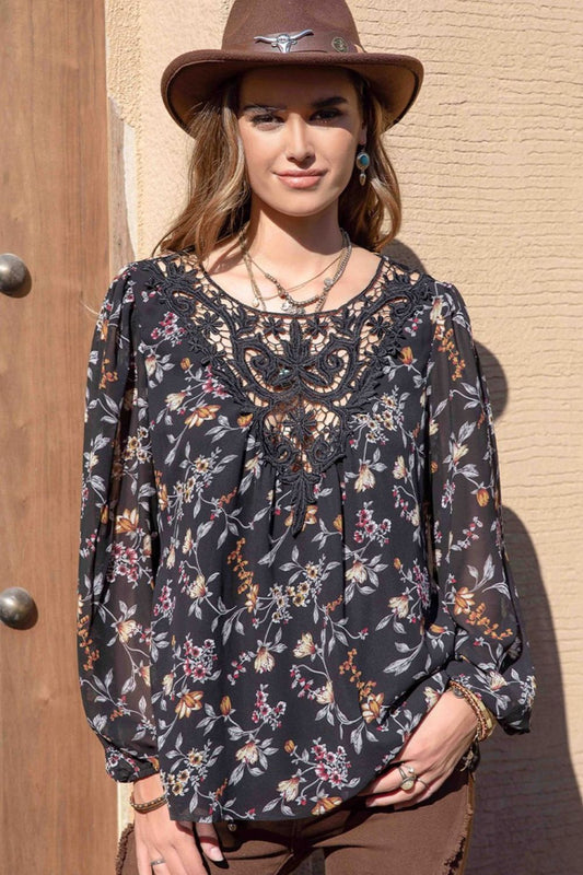 Printed Round Neck Long Sleeve Boho Chic Blouse [Spirit and Rebel]   