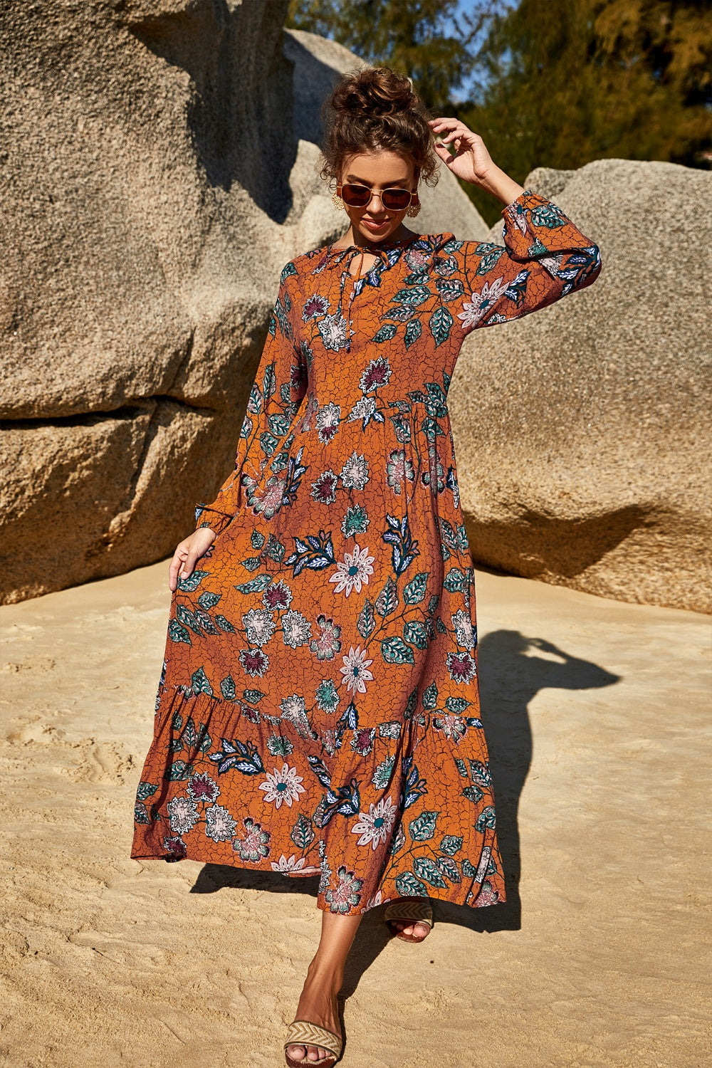 Printed Tie Neck Long Sleeve Dress [Spirit and Rebel]   