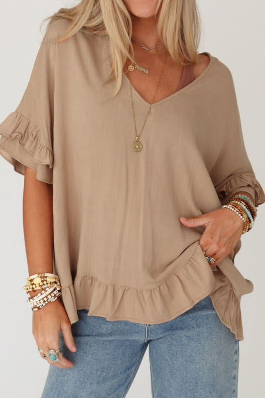 Ruffled V-Neck Half Sleeve Blouse [Spirit and Rebel] Tan S 