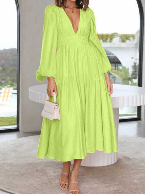 Deep V-Neck Balloon Sleeve Plain Maxi Dress [Spirit and Rebel] Mint Green S 