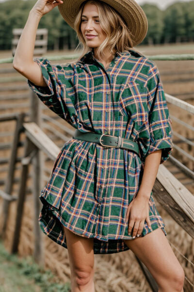 Boho Plaid Button Up Collared Neck Shirt Dress [Spirit and Rebel] Black Forest S 