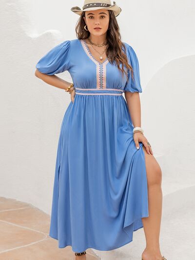 Boho Plus Size Slit V-Neck Short Sleeve Dress [Spirit and Rebel] Ultra marine 0XL 