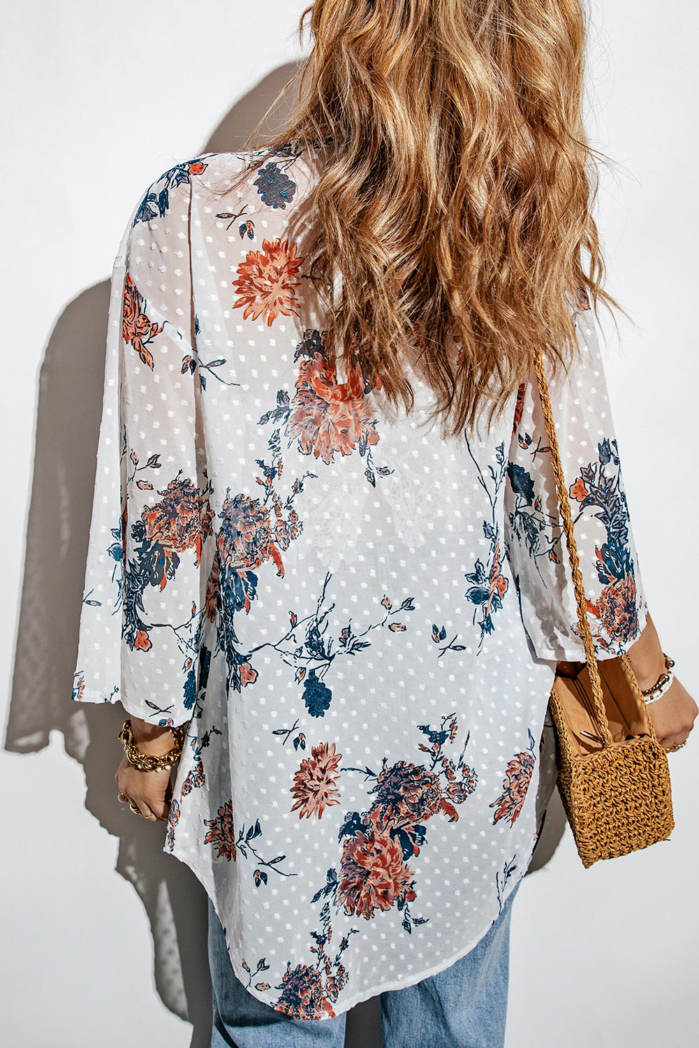 Floral Three-Quarter Sleeve Open Front Boho Cardigan [Spirit and Rebel]   