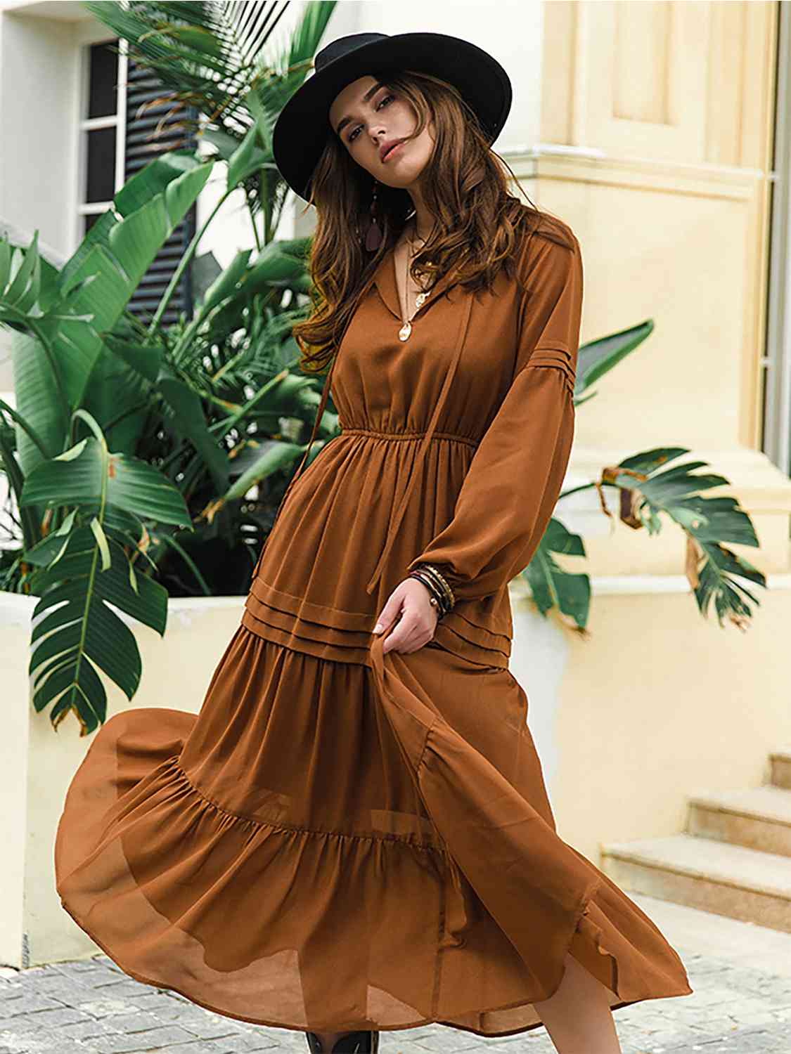 Tie Neck Long Sleeve Midi Tiered Dress [Spirit and Rebel] Ochre S 