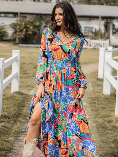 Printed Smocked Tie Neck Balloon Sleeve Maxi Dress [Spirit and Rebel]   