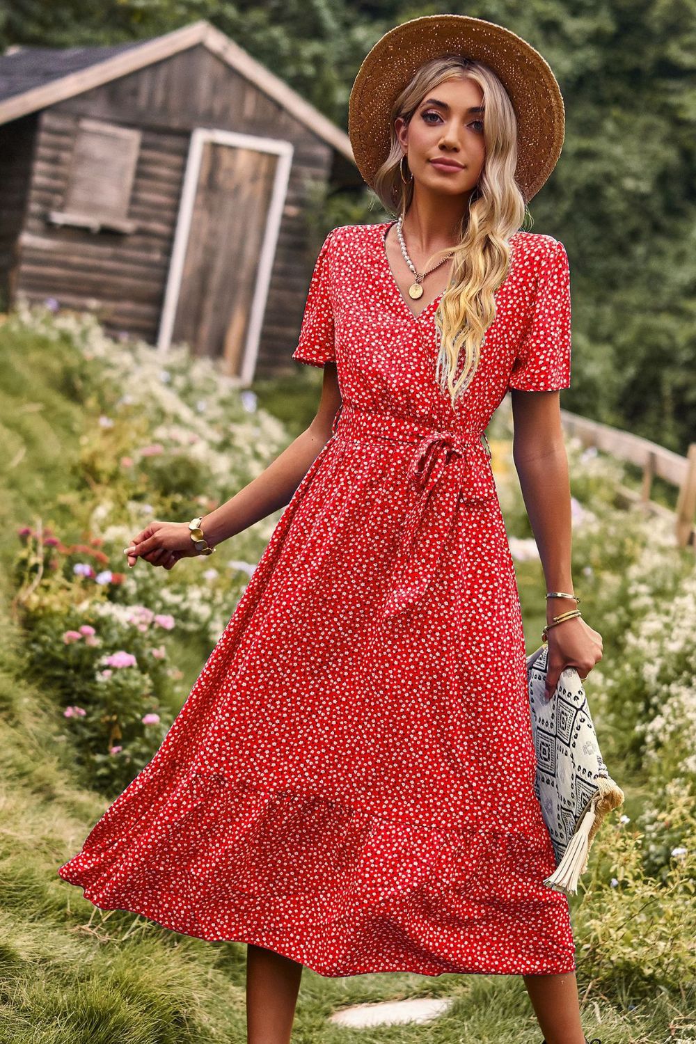 Boho Printed Tie-Waist Short Puff Sleeve Surplice Dress [Spirit and Rebel]   