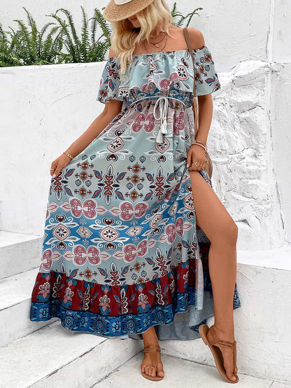 Printed Off-Shoulder Slit Maxi Dress [Spirit and Rebel] Multicolor S 