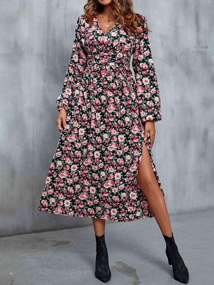 Floral V-Neck Slit Midi Dress [Spirit and Rebel] Carnation Pink S 