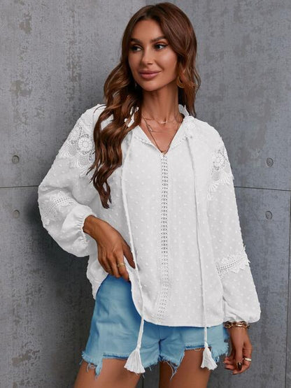 Boho Chic  Crochet Tassel Tie Neck Long Sleeve Blouse [Spirit and Rebel] White S 