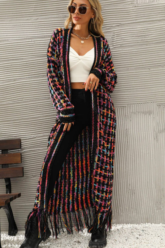 Multicolored Open Front Fringe Hem Boho Cardigan Kimono [Spirit and Rebel] Multi S 