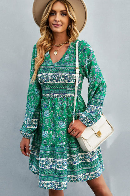 Boho Bohemian V-Neck Balloon Sleeve Dress [Spirit and Rebel] Green S 