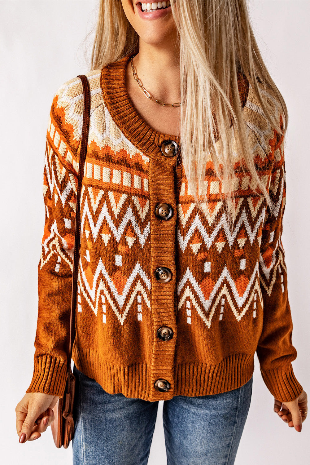 Geometric Button Down Round Neck Cardigan [Spirit and Rebel]   