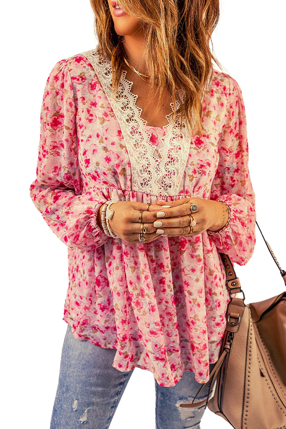 Floral Lace Trim Balloon Sleeve Boho Blouse [Spirit and Rebel]   