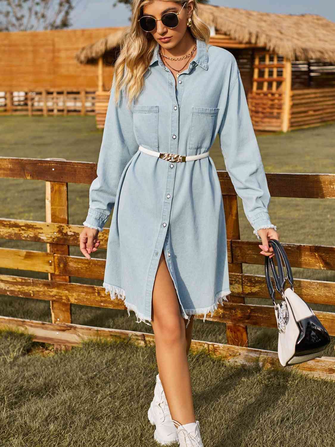 Button Up Collared Neck Raw Hem Denim Dress [Spirit and Rebel]   