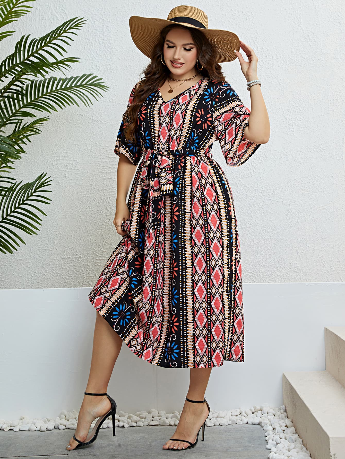 Plus Size Bohemian V-Neck Tie Belt Boho Midi Dress [Spirit and Rebel]   