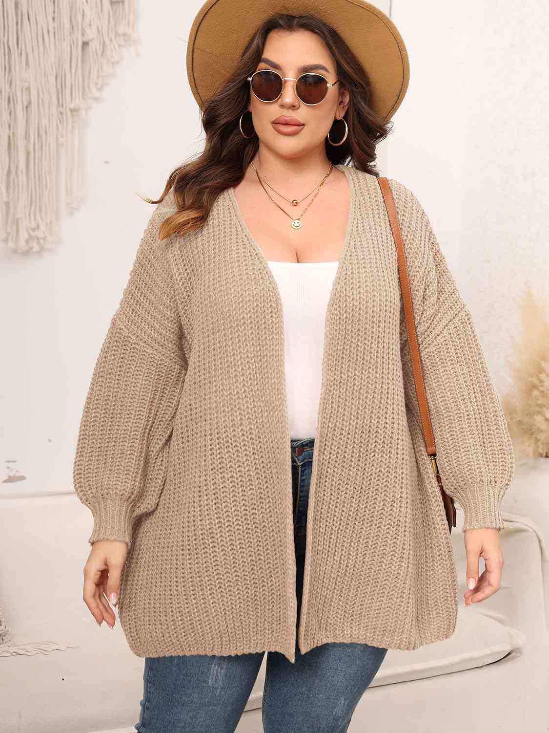 Plus Size Open Front Dropped Shoulder Knit Cardigan [Spirit and Rebel] Tan 1XL 