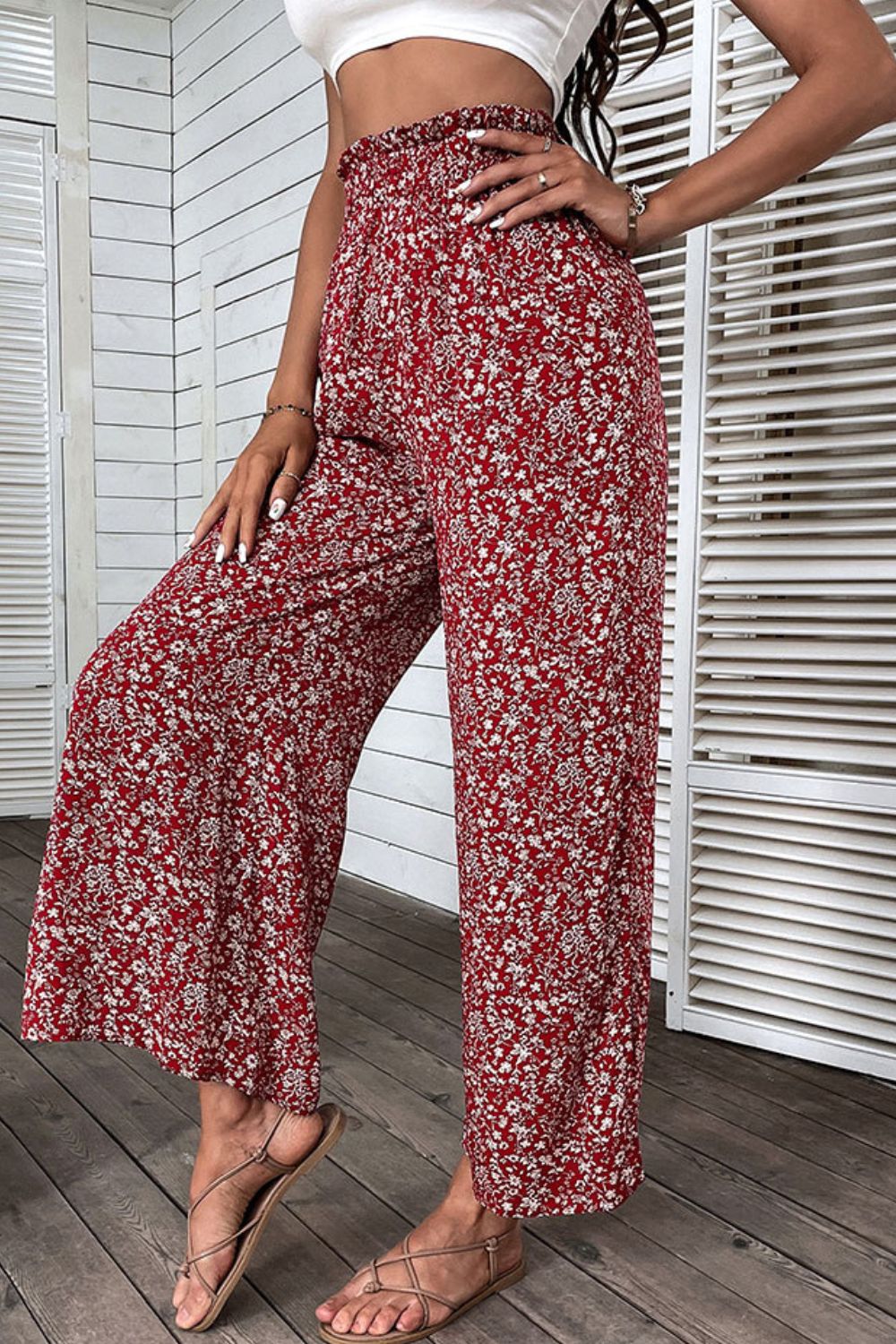 Ditsy Floral Slit Paperbag Waist Wide Leg Boho Hippie Pants [Spirit and Rebel]   