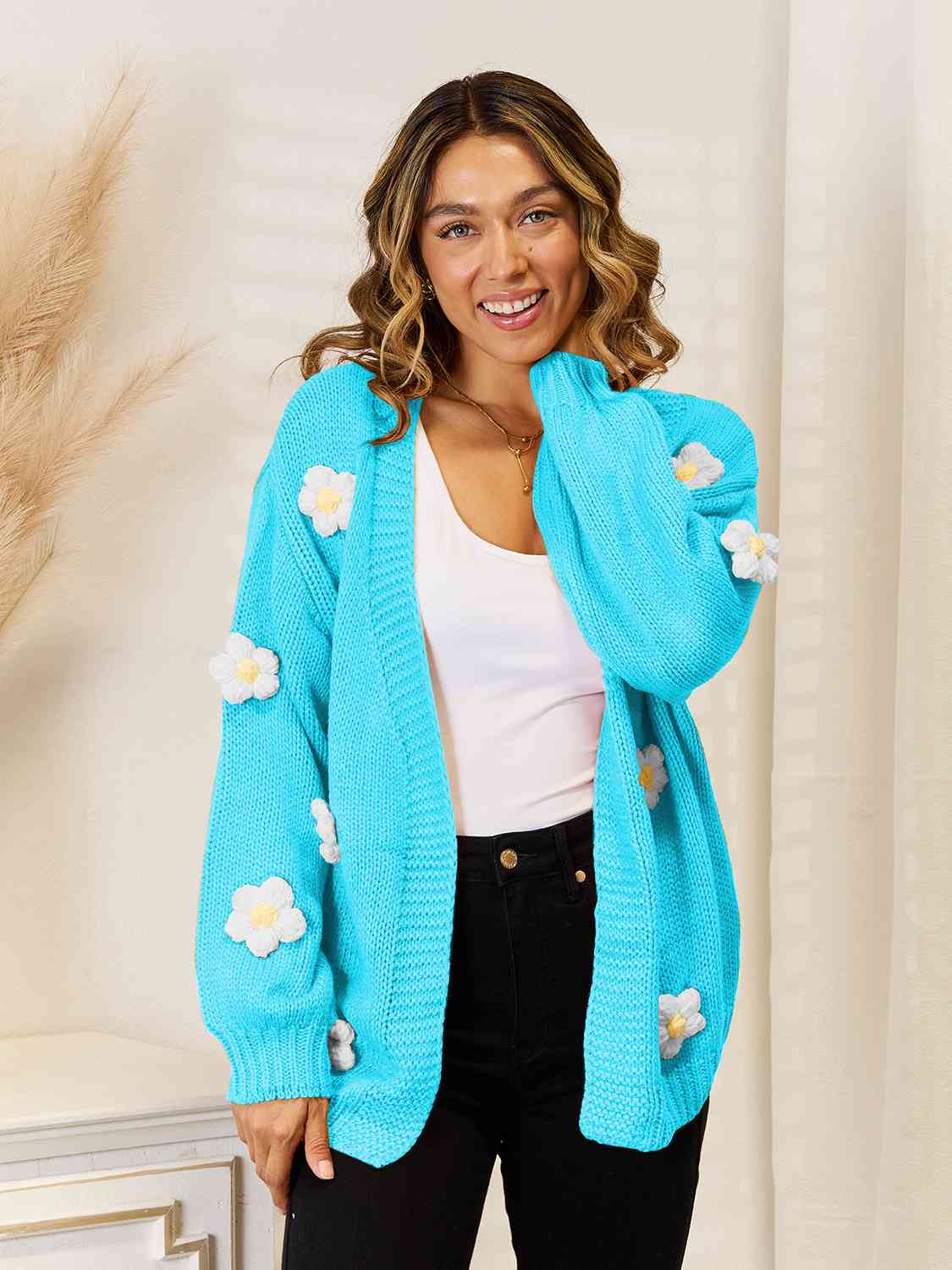 Flower Dropped Shoulder Open Front Cardigan [Spirit and Rebel] Pastel  Blue S 