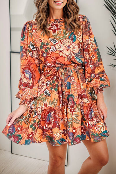 Boho Tropical Print Tie Waist Lantern Sleeve Mini Dress [Spirit and Rebel] Pumpkin S 