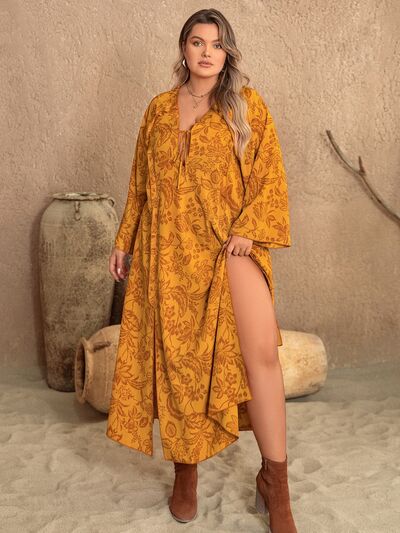 Boho Plus Size Printed Slit Long Sleeve Dress [Spirit and Rebel]   