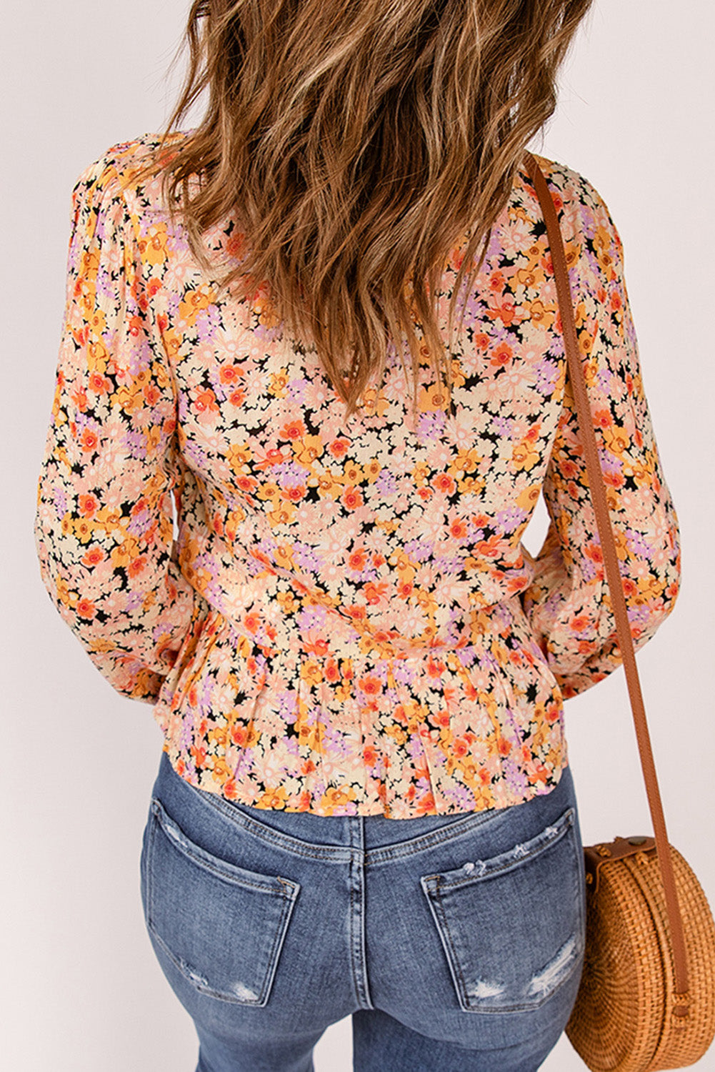 Floral Buttoned Plunge Peplum Boho Style Blouse [Spirit and Rebel]   