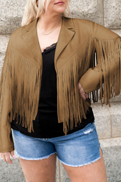 Plus Size Fringe Open Front Jacket [Spirit and Rebel] Camel 1XL 