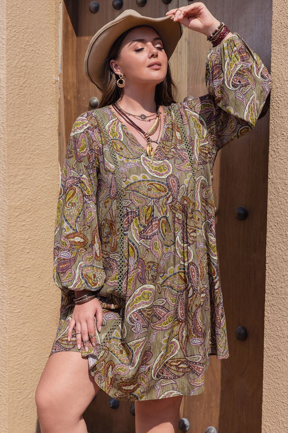 Plus Size Printed V-Neck Long Sleeve Midi Dress [Spirit and Rebel]   