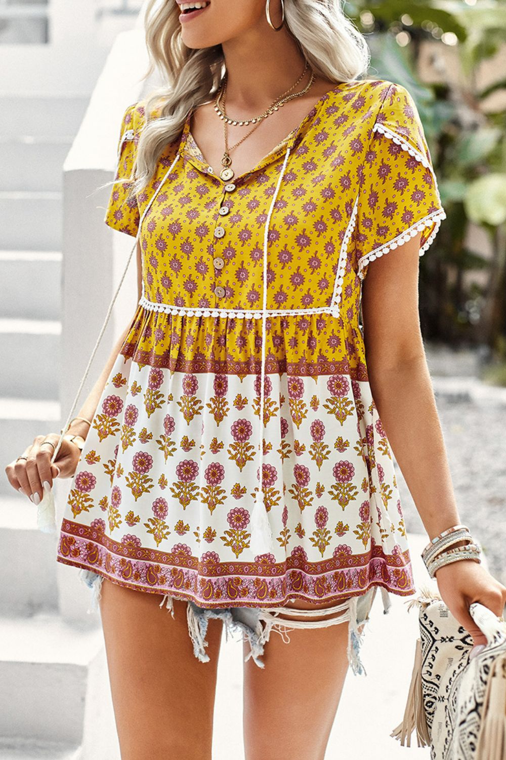 Bohemian Tie Neck Buttoned Blouse [Spirit and Rebel]   