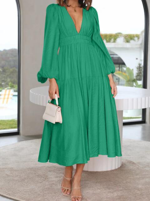 Deep V-Neck Balloon Sleeve Plain Maxi Dress [Spirit and Rebel] Green S 