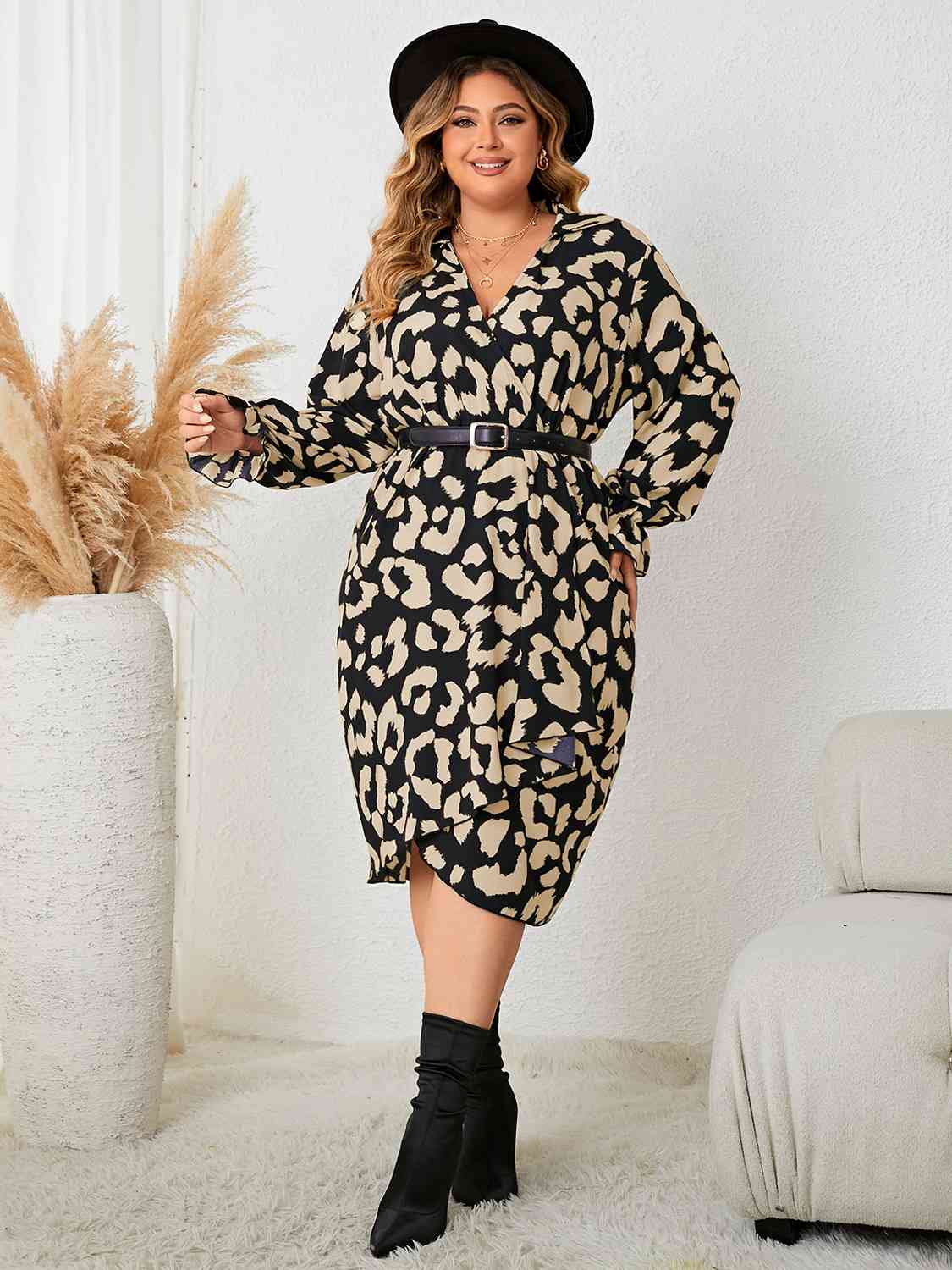 Plus Size Leopard Surplice Neck Flounce Sleeve Dress [Spirit and Rebel]   