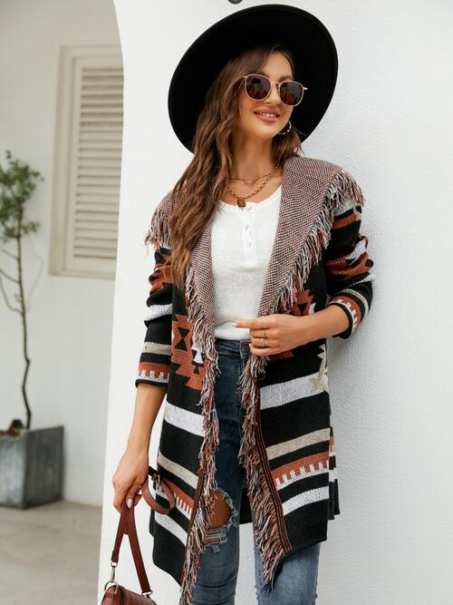 Boho Chic  Fringe Geometric Hooded Long Sleeve Cardigan [Spirit and Rebel]   