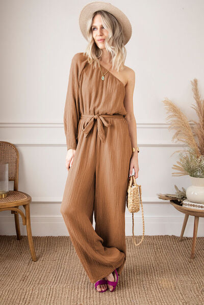 Texture Single Shoulder Tie-Waist Jumpsuit [Spirit and Rebel] Honey S 