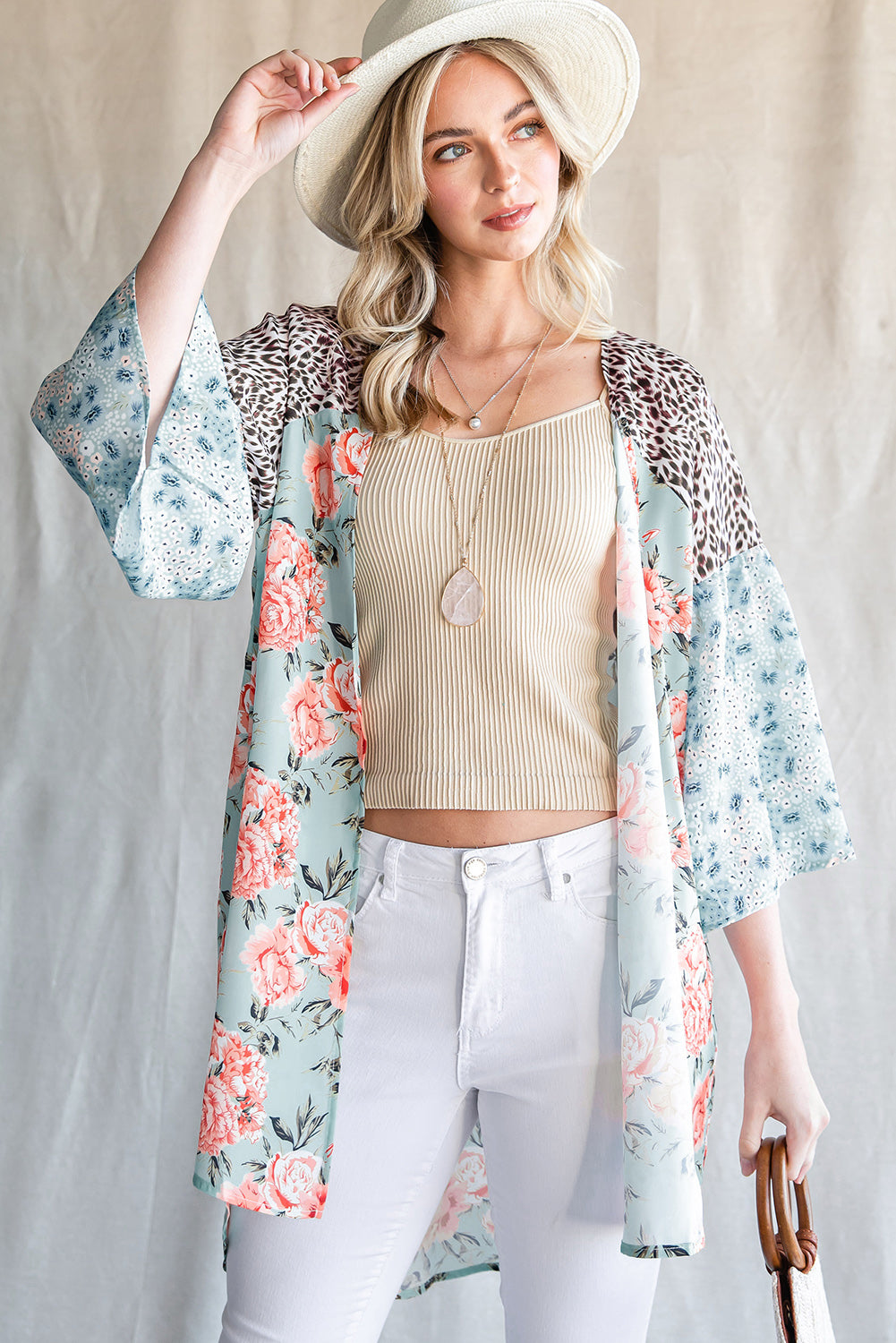 Animal Print Floral Three-Quarter Sleeve Boho Cardigan [Spirit and Rebel]   