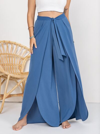 Boho Plus Size Tied Slit Wide Leg Pants [Spirit and Rebel] Dusty  Blue 0XL 