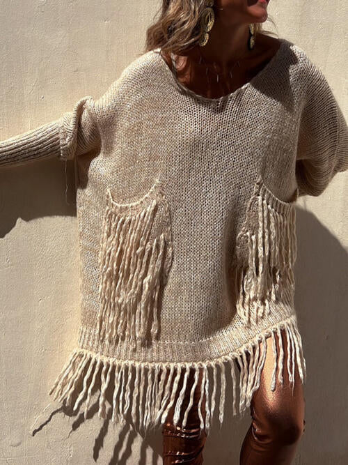 Boho Chic  Fringe Detail Long Sleeve Sweater with Pockets [Spirit and Rebel] Camel S/M 