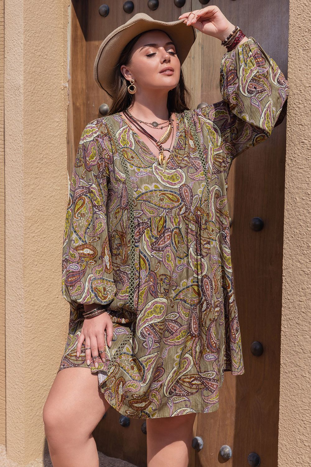 Plus Size Printed V-Neck Long Sleeve Midi Dress [Spirit and Rebel]   