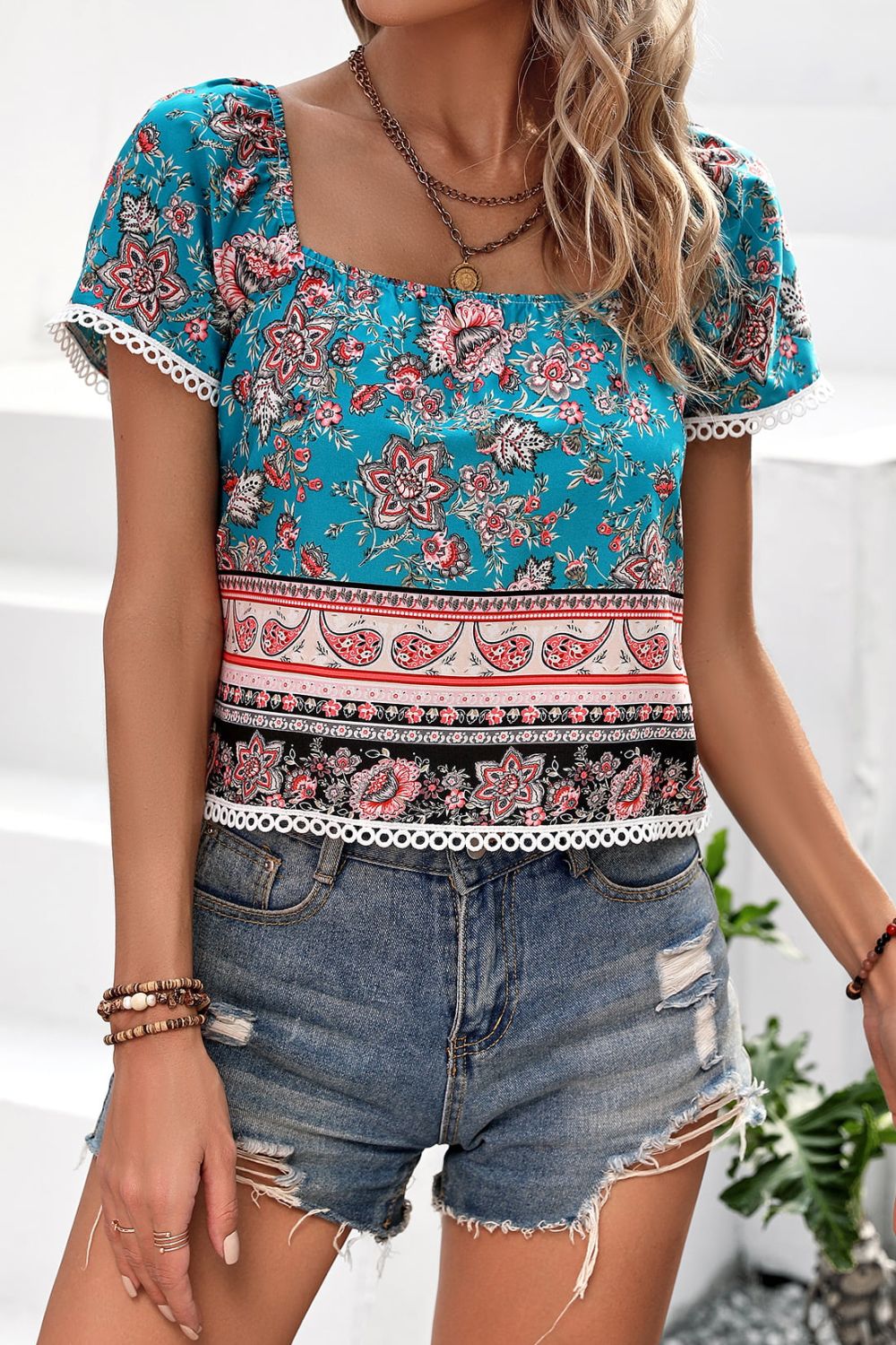 Bohemian Square Neck Short Sleeve Top [Spirit and Rebel]   