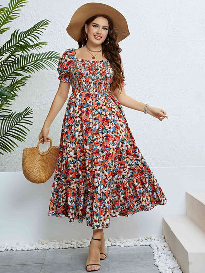 Plus Size Floral Smocked Square Neck Boho Dress [Spirit and Rebel]   