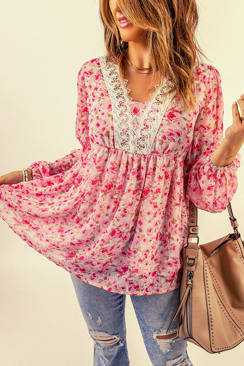 Floral Lace Trim Balloon Sleeve Boho Blouse [Spirit and Rebel]   