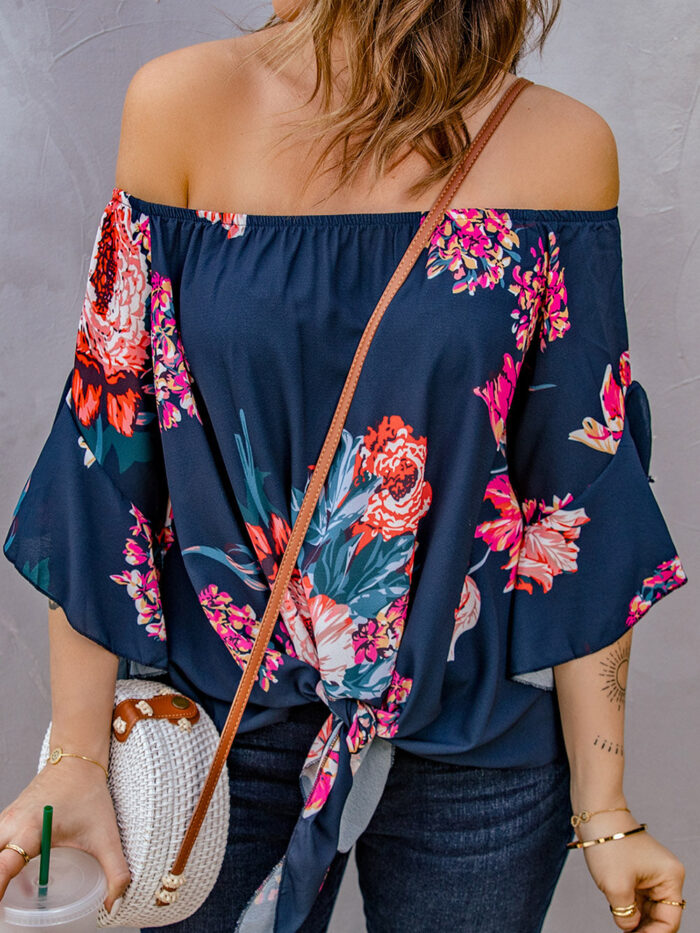 Printed Off-Shoulder Flounce Sleeve Boho Top