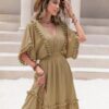 Boho Chic  Tassel Trim Smocked V-Neck Short Sleeve Dress