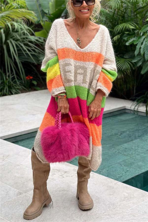 Color Block V-Neck Long Sleeve Boho Sweater Dress - Spirit and Rebel