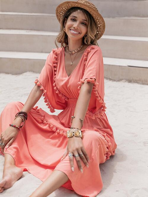 Boho Chic  Tassel Trim Smocked V-Neck Short Sleeve Dress