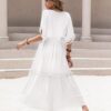 Boho Chic  Tassel Trim Smocked V-Neck Short Sleeve Dress