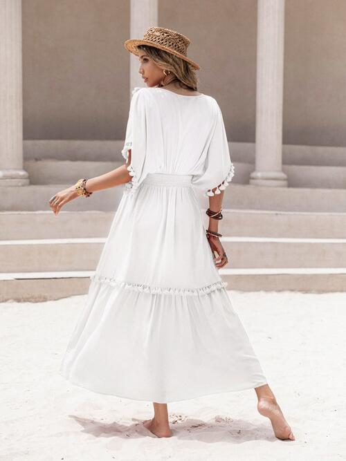 Boho Chic  Tassel Trim Smocked V-Neck Short Sleeve Dress