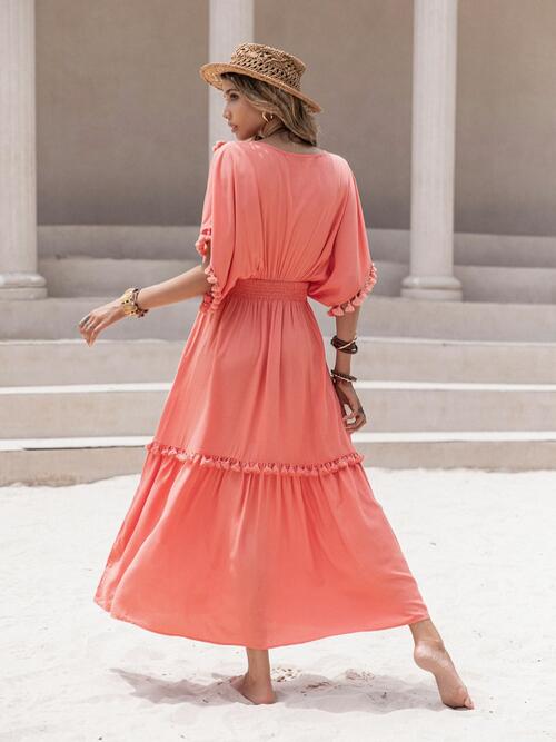 Boho Chic  Tassel Trim Smocked V-Neck Short Sleeve Dress