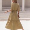Boho Chic  Tassel Trim Smocked V-Neck Short Sleeve Dress