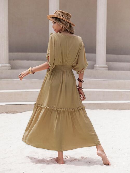 Boho Chic  Tassel Trim Smocked V-Neck Short Sleeve Dress