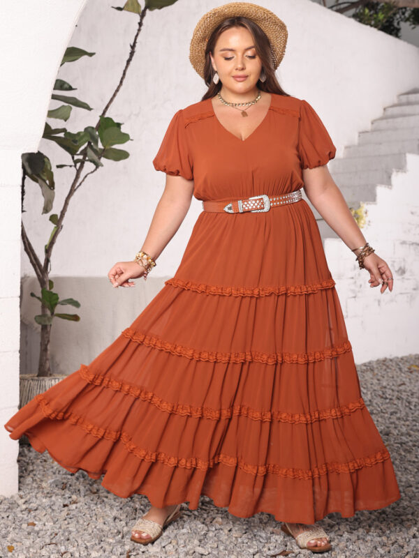 Plus Size Ruched Lace Detail V-Neck Short Sleeve Boho Dress - Spirit and Rebel
